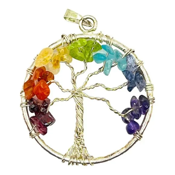 Artisan Wire-Wrapped Tree Pendant Multi Gemstone Vintage 70s Handcrafted EUC - Picture 1 of 7